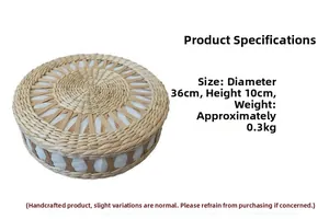 Detailed view of woven straw cushion dimensions 36cm diameter and 10cm height