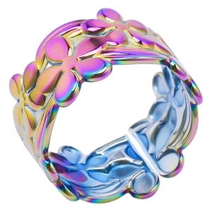 Detailed view of rainbow electroplated stainless steel open ring with flower cutout