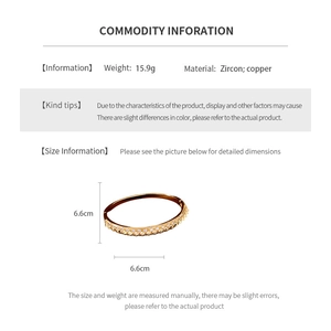Detail specifications for 18K gold plated rivet bangle featuring zircon and copper materials