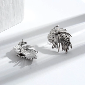 Silver wheat-shaped stainless steel stud earrings with embossed texture and metal shine