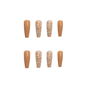 Long coffin press-on nails in brown and beige with heart prints and rhinestones