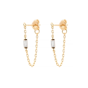 Macro detail of S925 sterling silver chain earrings with square zircon and gold plating