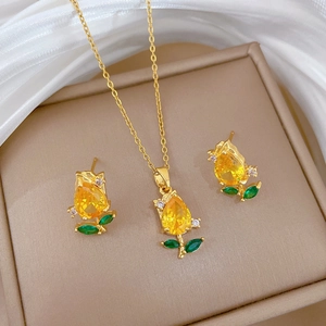 Tulip Flower Necklace Stud Earrings Yellow Zircon Green Leaf Copper Pendant Stainless Steel Jewelry For Women