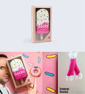 Funny cotton crew socks featuring strawberry icepop design with creative packaging