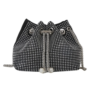 Elegant black rhinestone drawstring bucket bag with silver chain and pearl details