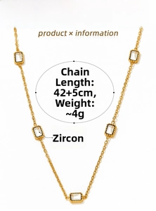 Detail showing gold plated stainless steel necklace with rectangle zircon stones and size info