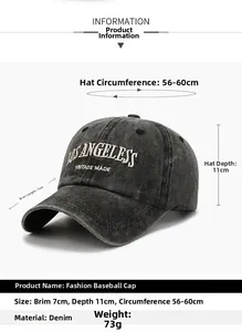 Size guide for washed grey denim baseball cap with white Los Angeles embroidery