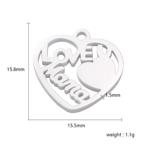 Stainless steel heart pendant with Love U Mama engraving and size dimensions