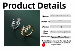 Detailed size specifications for adjustable leaf rings with inlaid diamonds in gold and silver
