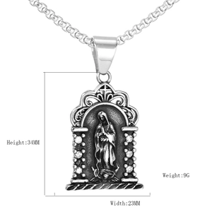 Silver Virgin Mary pendant necklace with dimensions 34mm by 23mm and crystal accents