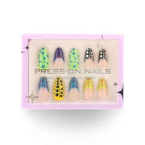 Colorful polka dot short almond press-on nails set in elegant transparent packaging