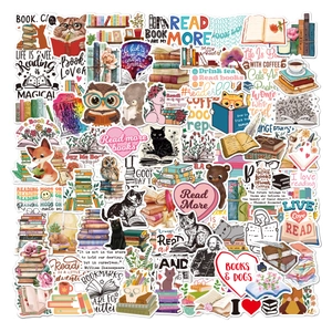 Flat lay detail showing 100 assorted waterproof vinyl book stickers for laptop and journals