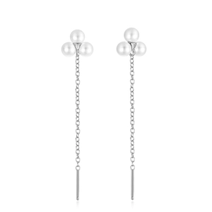 Detailed view of S925 silver long tassel earrings with a triple pearl cluster design