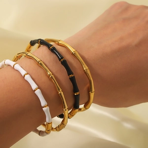 Bamboo Joint Bangle Stainless Steel Gold Plated C-Shaped Open Bracelet Enamel Minimalist Elegant Jewelry For Women