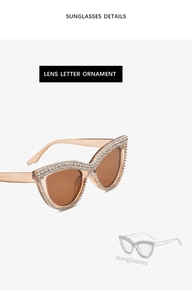 Detail showing champagne cat-eye sunglasses with rhinestone-embellished frames and specs