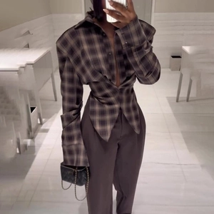 Y2K plaid shirt for women featuring a deep V-neck and a stylish slim fit waist knot design