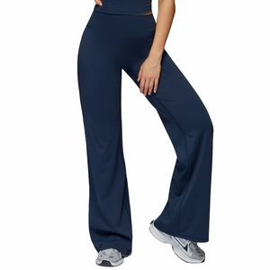 High waist wide leg sports pants in navy blue with elastic fabric and slim fit design