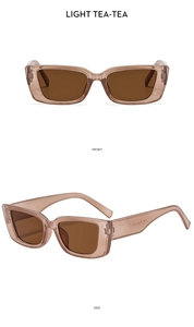 Front and side view of trendy rectangular sunglasses in light tea translucent frame