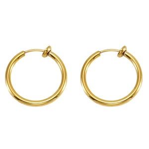 Polished 18K gold-plated stainless steel clip-on hoop earrings for non-pierced ears