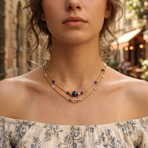 Detail of layered gold beaded necklace featuring blue lapis and white moonstone beads