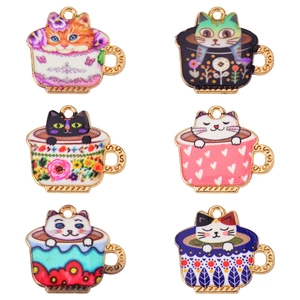 Set of 6 cartoon cat teacup enamel charms with gold trim for DIY jewelry making
