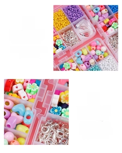 Close-up of DIY bead kit with colorful acrylic heart beads and jewelry making accessories