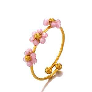 Minimalist gold plated stainless steel open ring with three pink zircon flower charms