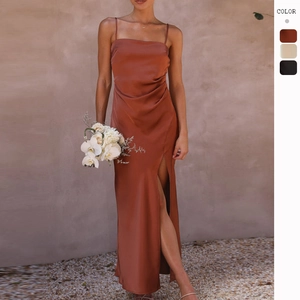 Women Sexy Satin Maxi Dress Backless Spaghetti Strap High Slit Ruched Elegant Evening Party Slip Dress