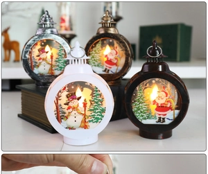 Close-up of LED Christmas lanterns with Santa and Snowman inside, handheld display