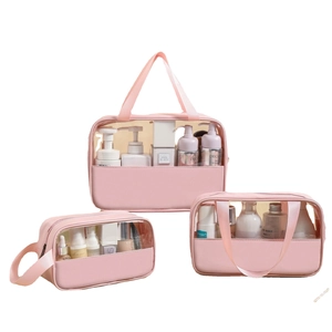 Pink PU leather and clear PVC 3-piece waterproof makeup bags for travel storage