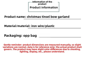 Technical details of Christmas tinsel bow wreath made of iron wire and plastic in OPP bag