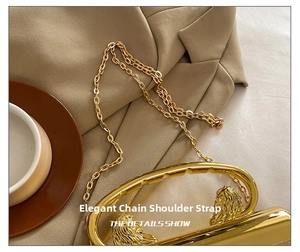 Detailed macro view of golden metal chain strap with lion head relief handle on a handbag