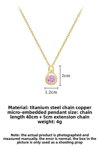 Detailed view of pink crystal necklace with dimensions 2.0x1.2cm and 40cm titanium chain
