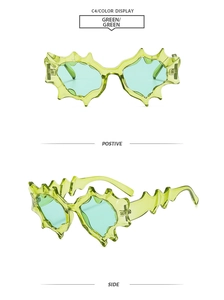 Futuristic irregular sunglasses in fluorescent green showing front and 45-degree side views