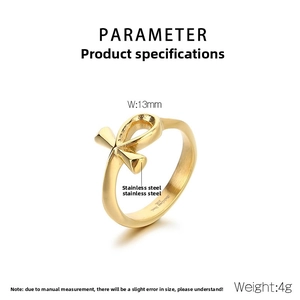 Detail view of gold Ankh cross ring showing 13mm width and 4g weight specifications