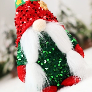 Gnomo di Natale festivo in peluche con paillettes rosse e verdi e barba bianca