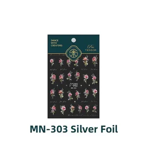 Detail of MN303 retro rose nail art sticker featuring pink floral patterns and silver foil