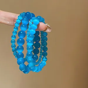 Blue Cat Eye Stone Beaded Bracelet Round Gemstone Beads Elastic Stretch Fashion Jewelry Elegant Accessory For Women