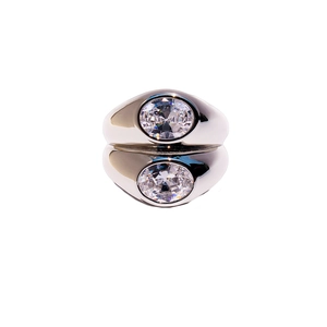 Double-layered wide silver ring featuring a large oval-cut sparkling zircon centerpiece