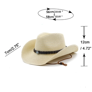 Detailed size chart of western straw hat with turquoise buckle and adjustable cord