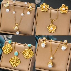 Collier Et Boucles D'oreilles En Acier Inoxydable Vintage Fleur Papillon Géométrique Künstliche Perle Turquoise Bijoux Pour Femmes