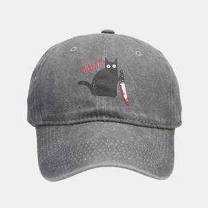 Detail of vintage washed cotton grey baseball cap with a funny black cat What? embroidery