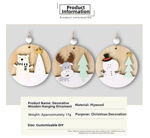 Detailed view of three plywood Christmas tree ornaments with polar bear and reindeer motifs