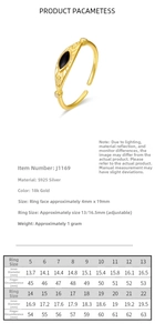 Size chart for 925 sterling silver evil eye ring with inner diameter measurements