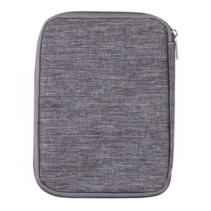 Detailed view of gray rectangle storage bag with woven texture and metal zipper
