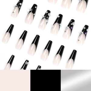 French black and nude long coffin press-on nails with white pearls and star sequins