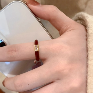 Elegant rectangle zircon open ring with reddish-brown enamel finish on gold band