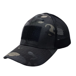Detail of tactical camo hat featuring front velcro patch and breathable black mesh back