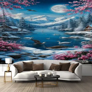 Detailed view of tapestry showing romantic snowy night landscape with moon and swans