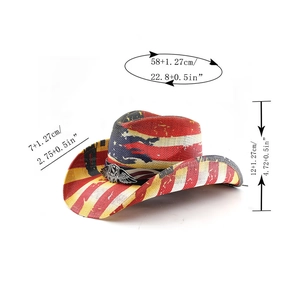 Detailed view of USA flag straw cowboy hat with dimensions: 58cm head girth and 7cm brim